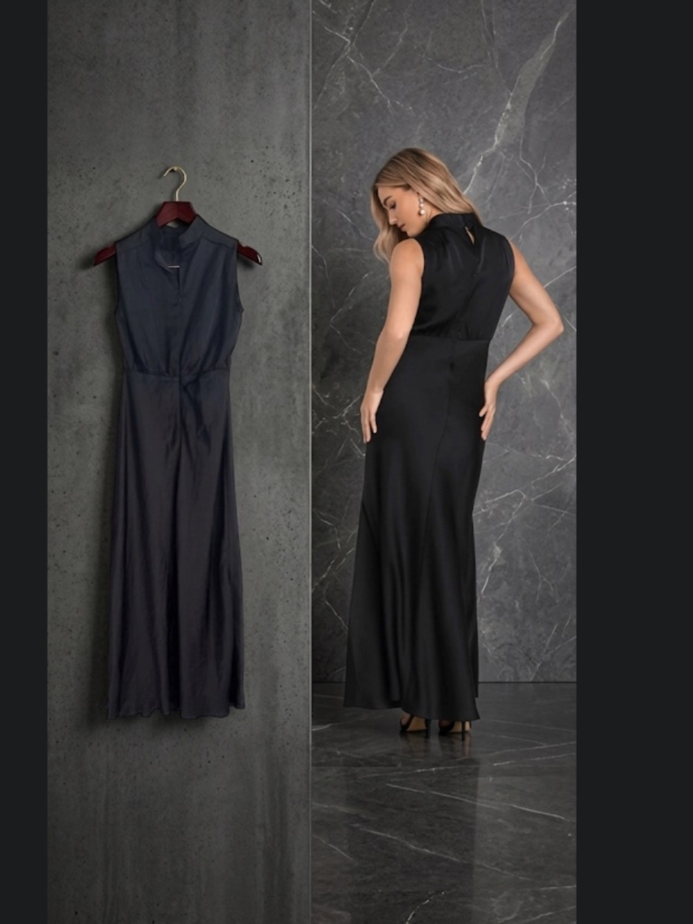 Lulu's Classic Elegance Black Satin Mock Neck  Maxi Dress with Side Slits Size M